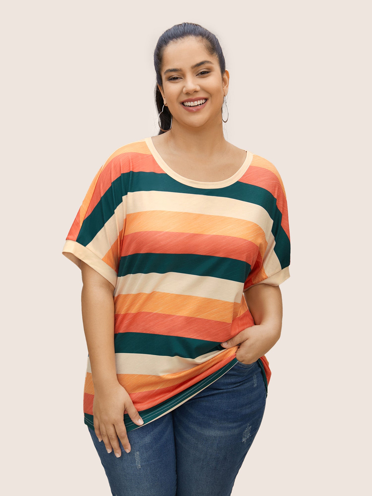 Image of Colored Striped Crew Neck Batwing Sleeve T-shirt