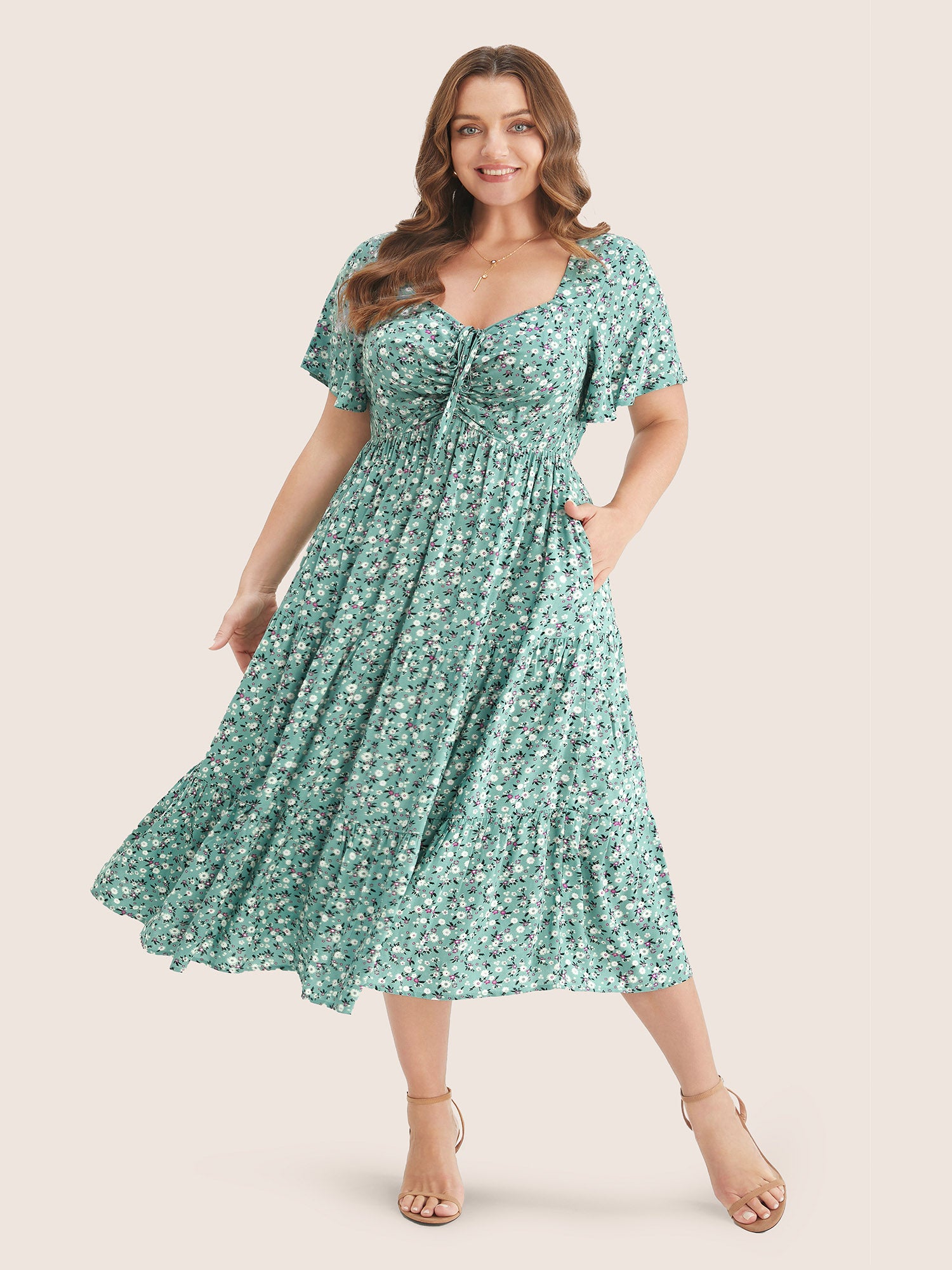 Image of Ditsy Floral Drawstring Ruched Pocket Ruffle Tiered Dress