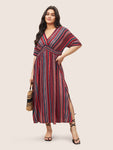 Dolman Flutter Sleeves Striped Print Shirred Pocketed Dress by Bloomchic Limited