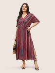 Striped Print Dolman Flutter Sleeves Shirred Pocketed Dress