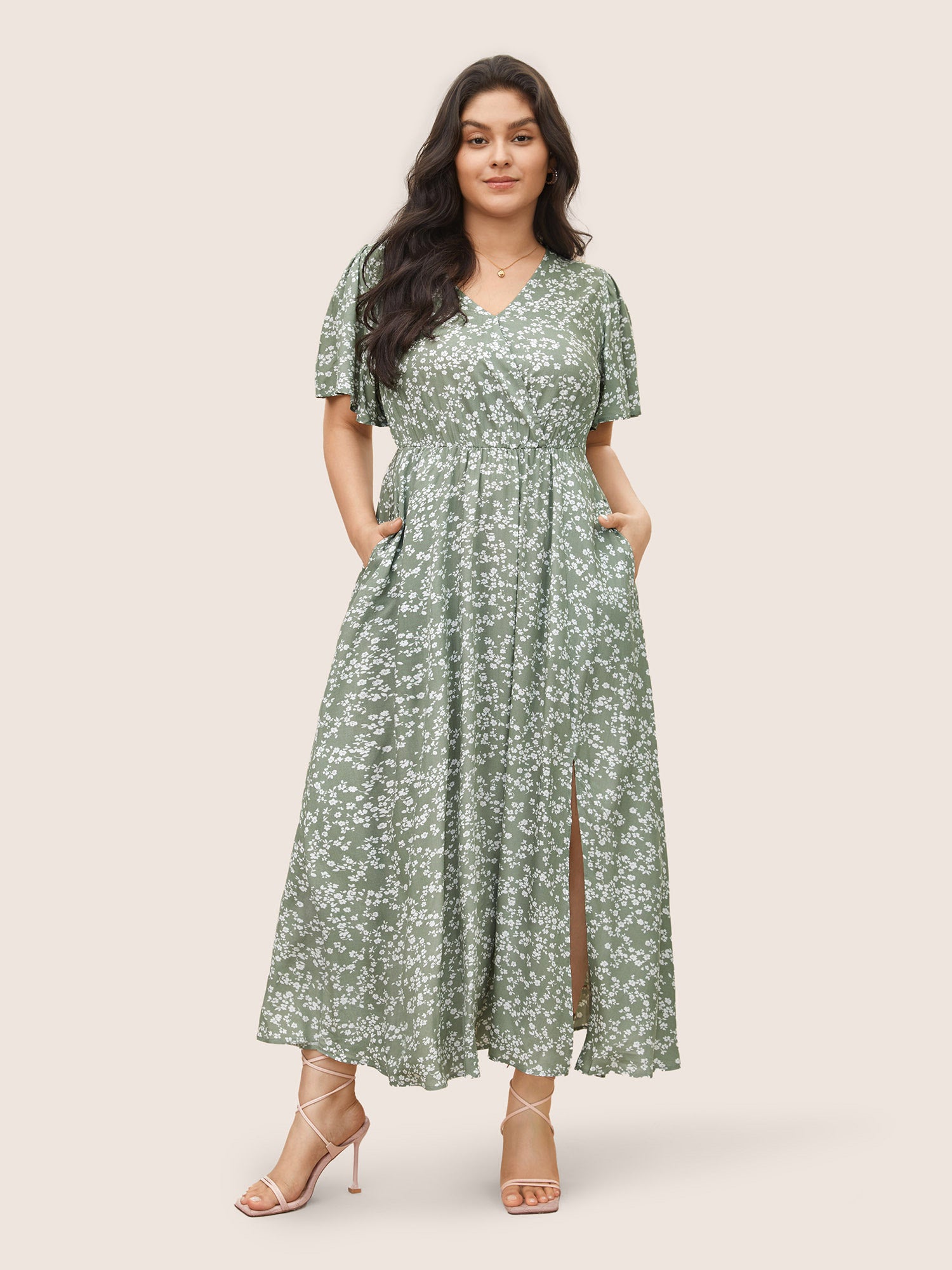 Image of Bloom Dress - Flutter Sleeve Ditsy Floral Pocket Split Maxi Dress