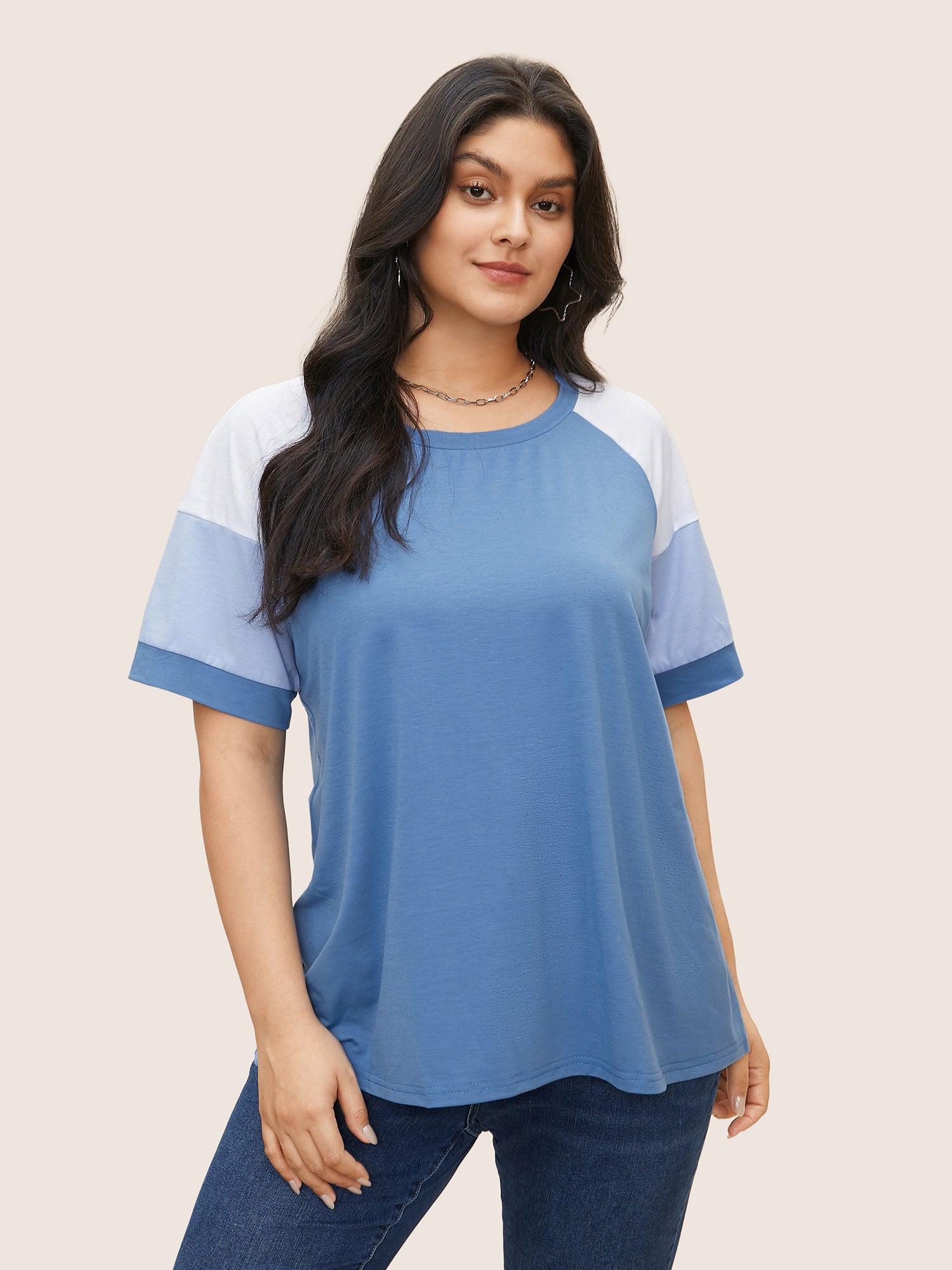 

Plus Size Women Everyday Colorblock Contrast Raglan sleeve Short sleeve Round Neck Casual T-shirts BloomChic, Cerulean