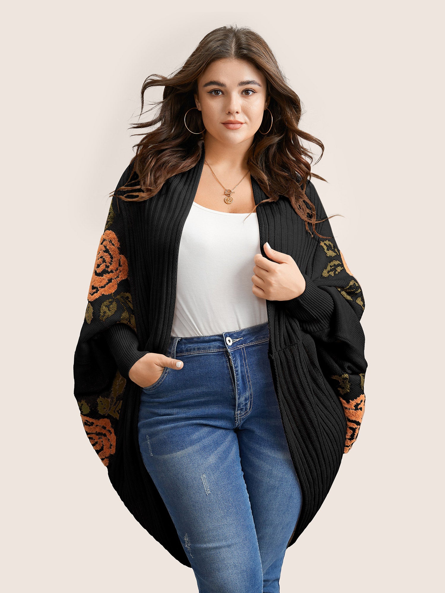 

Plus Size Cardigans | Floral Jacquard Batwing Sleeve Open Front Cardigan | BloomChic, Black