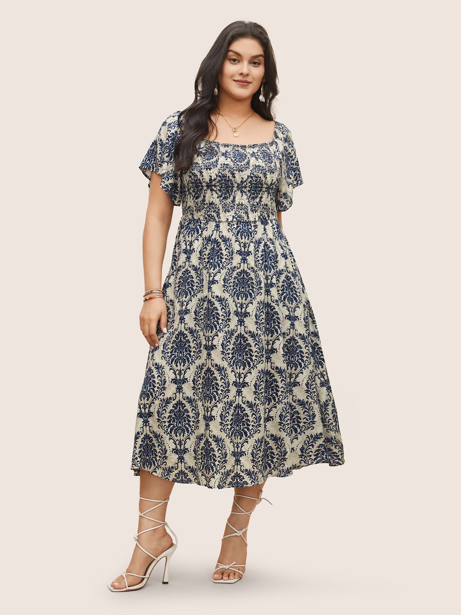 Image of Bandana Print Shirred Off Shoulder Dress