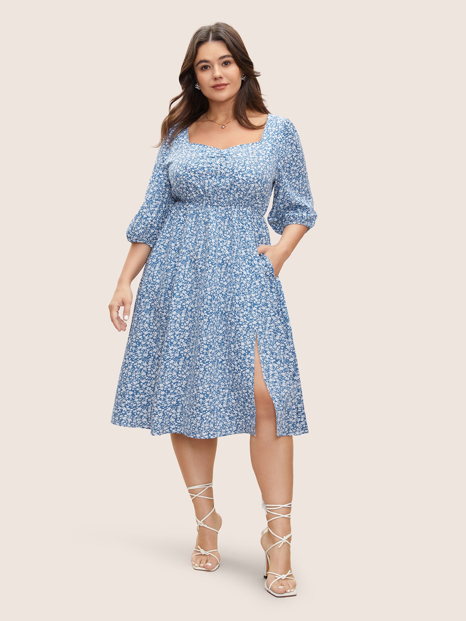 

Plus Size Women Everyday Ditsy Floral Non Elastic cuff Elbow-length sleeve Square Neck Side seam pocket Elegant Dresses BloomChic, Cerulean