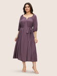 Solid Notched Puff Sleeve Belted Flutter Hem Dress