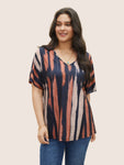 Striped Contrast Dolman Sleeve V Neck T shirt