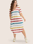 Striped Contrast Arc Hem V Neck Pocket Dress
