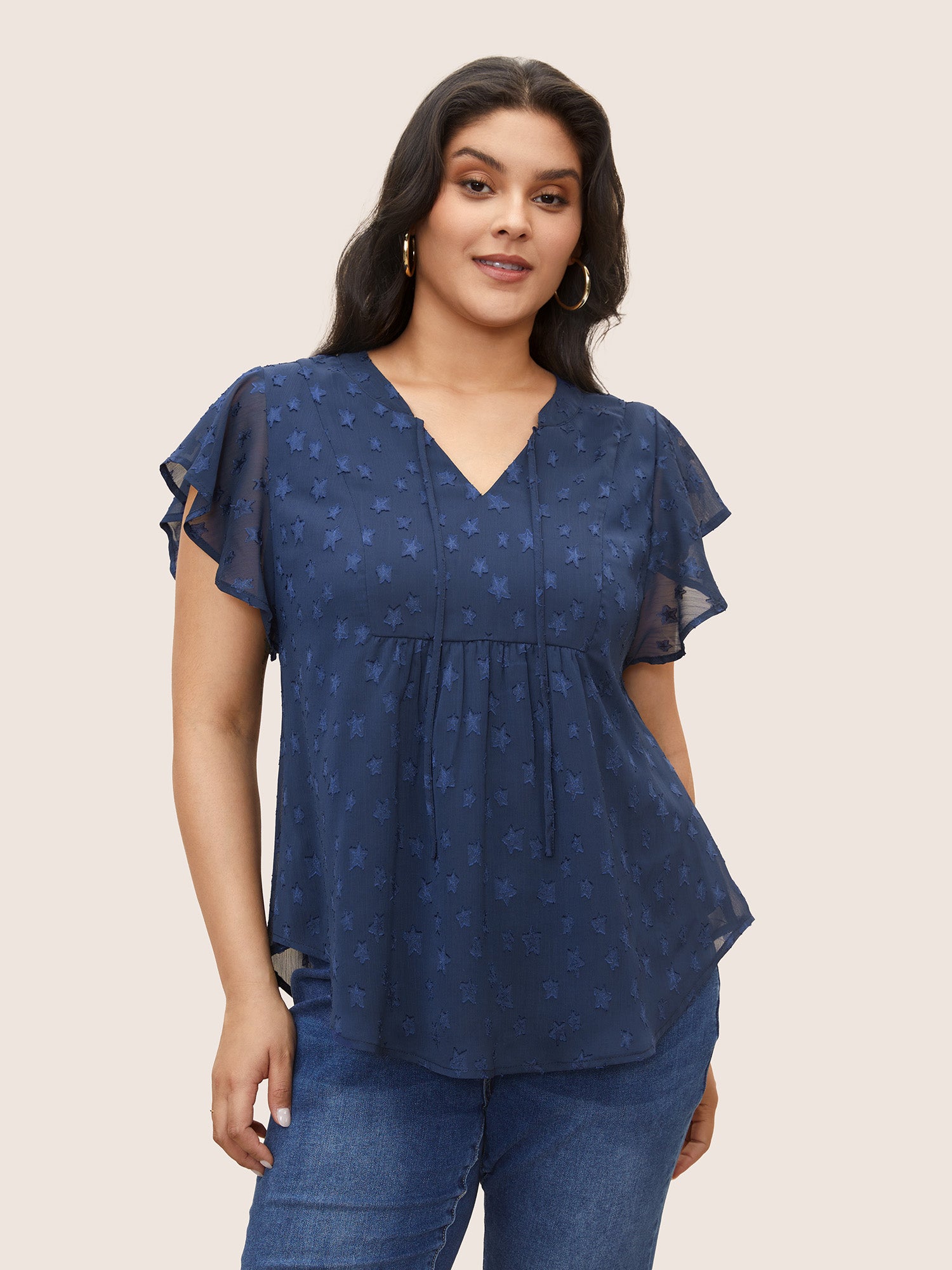 Image of Star Mesh Gathered Ruffle Sleeve Blouse