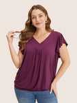 Plain Gathered V Neck Ruffle Sleeve T shirt