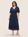 Shirred Pocketed Wrap Scalloped Trim Flutter Sleeves Dress