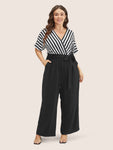 Batwing Sleeves Striped Print Belted Wrap Pocketed Jumpsuit