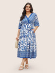 V-neck General Print Pocketed Belted Midi Dress