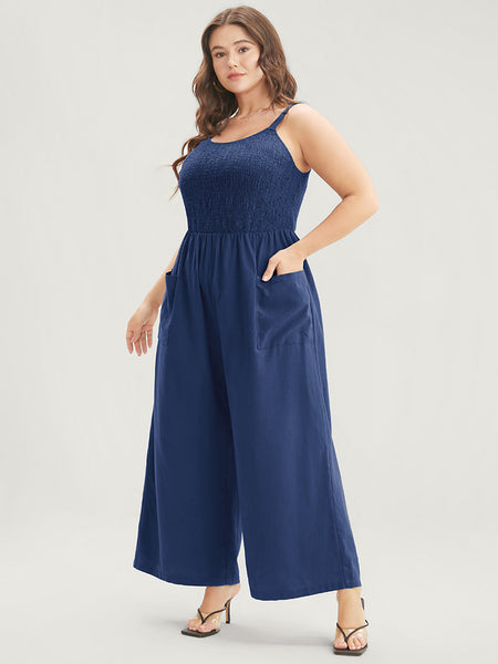 Pocketed Shirred Spaghetti Strap Jumpsuit