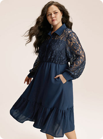 Contrast Lace Shirt Collar Ruffle Hem Dress (3).jpg__PID:12ab72b9-b06c-48df-a813-f2c859f3775f