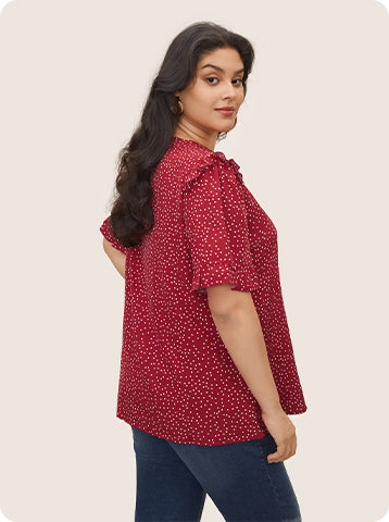 Polka Dot V Neck Ruffle Trim Blouse (1).jpg__PID:5cb5b310-ab41-4e2a-9dfd-e45f2ad2ad5d