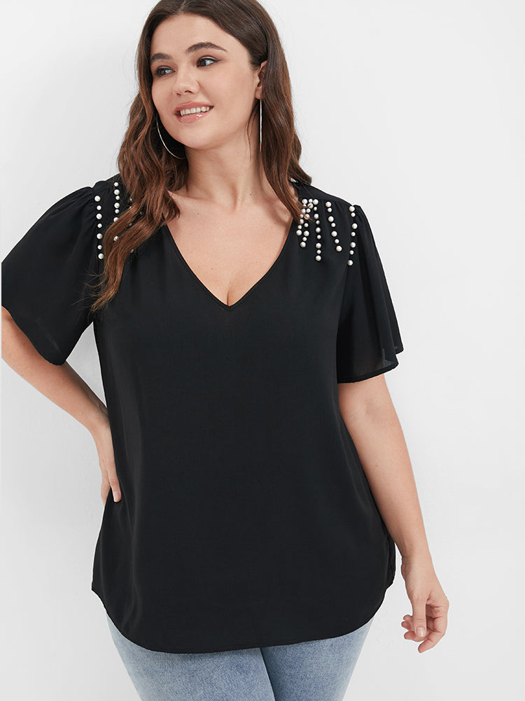 

Plus Size Women Workwear Plain Gathered Ruffle Sleeve Short Sleeve V Neck Casual Blouses BloomChic, Black