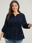 Solid Cut Out Ruffles Button Lantern Sleeve Blouse