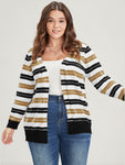 Striped Contrast Pointelle Knit Jacquard Open Front Cardigan