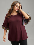 Textured Tiered Ruffle Sleeve Patchwork Boho Print T shirt