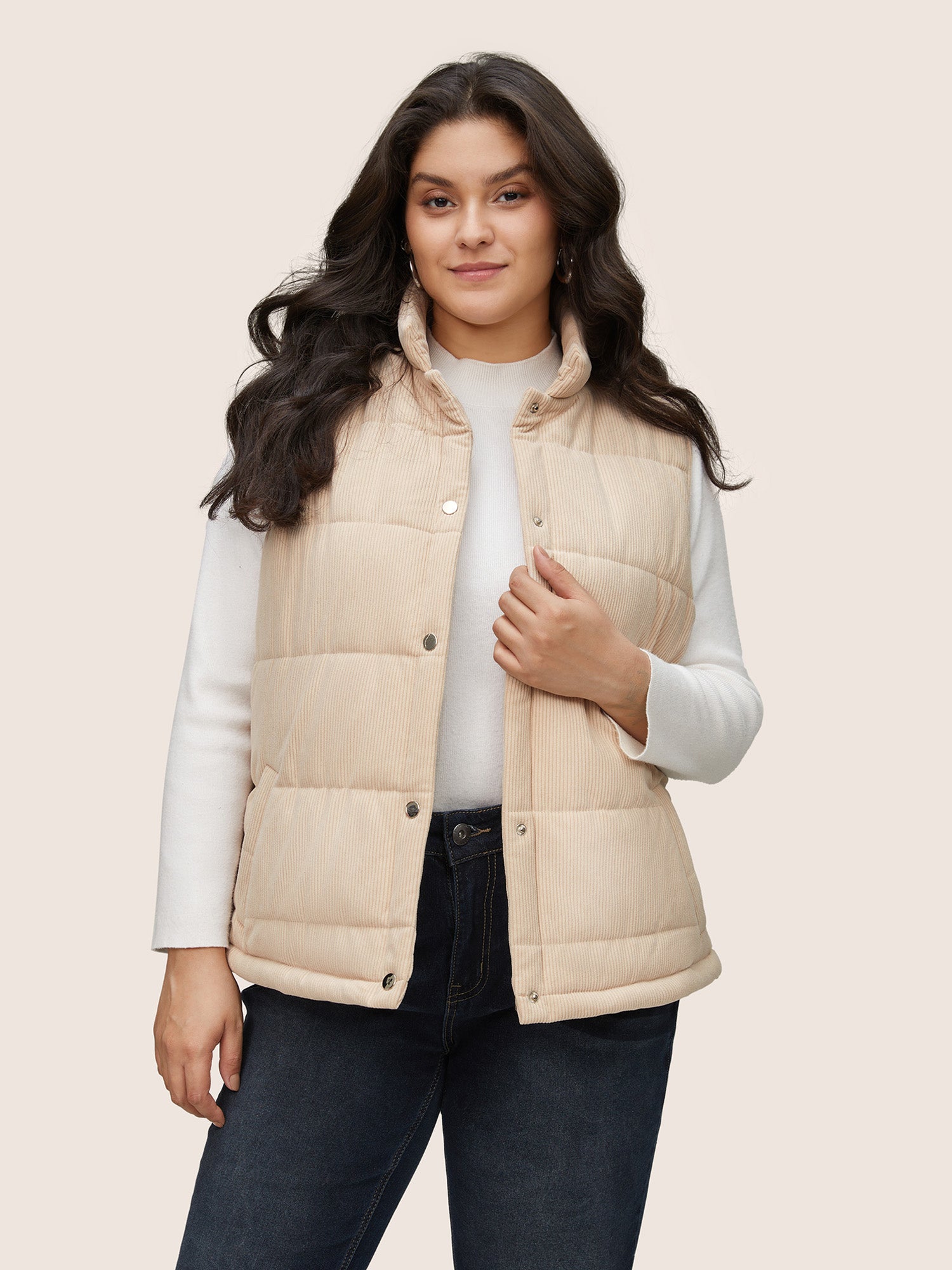 

Plus Size Jackets | Plain Striped Textured Padded Vest Jacket | BloomChic, Light brown