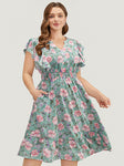 Pocketed Pleated Shirred Notched Collar Ruffle Trim Floral Print Dress