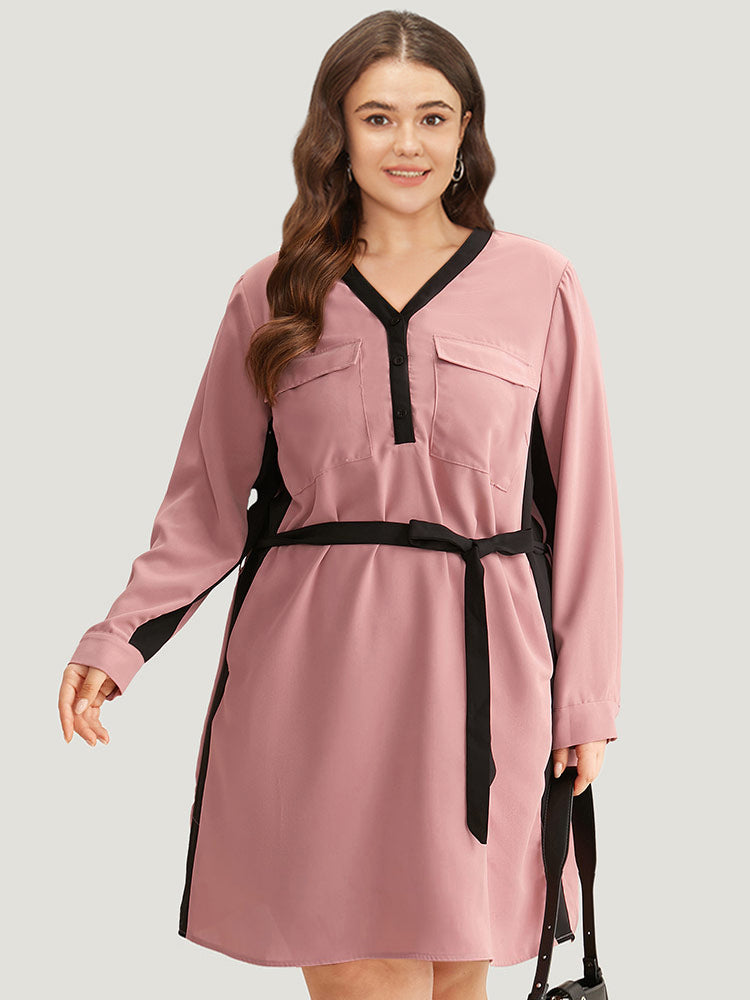 

Plus Size Women Work Plain Belted Regular Sleeve Long Sleeve V Neck Pocket Belt Office Dresses BloomChic, Dusty pink