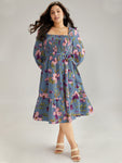 Floral Print Belted Shirred Puff Sleeves Sleeves Dress