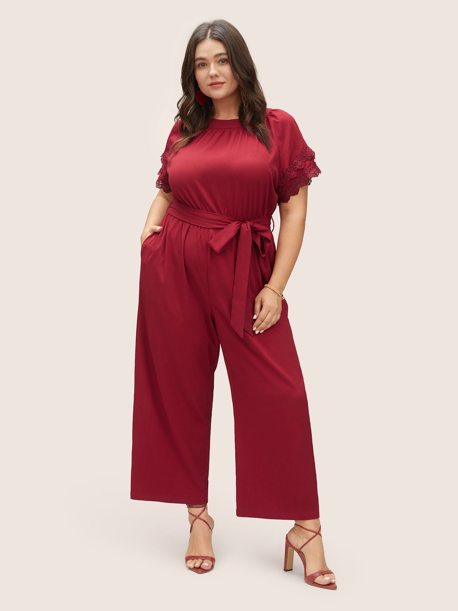 

Plus Size Women Dailywear Plain Belted Regular Pocket Belt Elegance Jumpsuits BloomChic, Burgundy