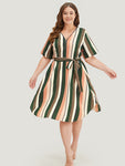 Belted Pocketed Striped Print Dress