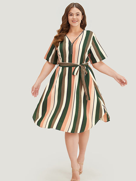 Pocketed Belted Striped Print Dress
