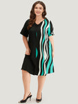 Striped Contrast Notched Pleated Roll Sleeve Dress