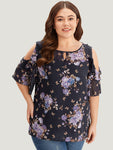 Floral Cut Out Ruffle Trim Blouse With Cami Top