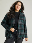 Plaid Lapel Collar Pocket Zipper Fly Jacket