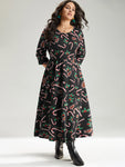 Christmas Print Pocket Elastic Waist Dress