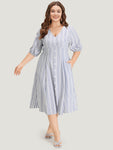 Striped Button Detail V Neck Lantern Sleeve Dress