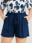 Solid Elastic Waist Pocket Drawstring Sleep Shorts