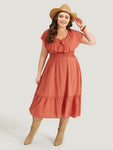 Shirred Pocketed Ruffle Trim Dress