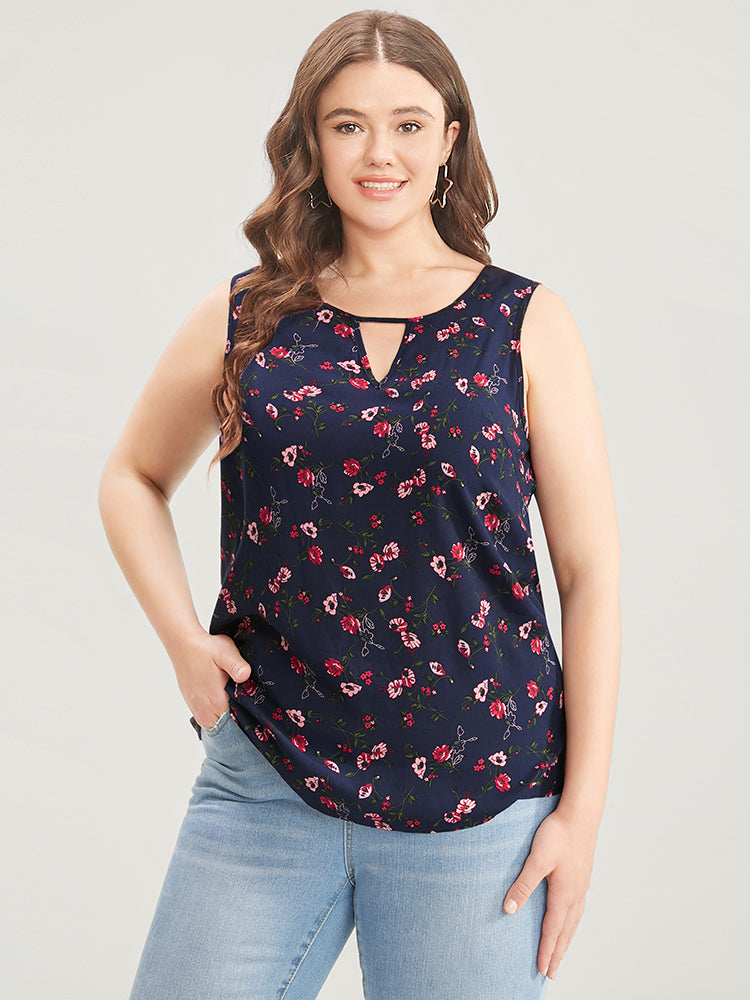 

Plus Size Women Dailywear Ditsy Floral Sleeveless Sleeveless Round Neck Elegance Tank Tops Camis BloomChic, Indigo