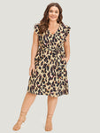 Leopard Print Belted V Neck Ruffle Cap Sleeve Dress