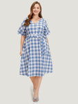 V-neck Belted Plaid Print Dress With Ruffles