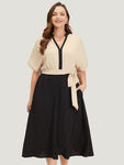 Batwing Sleeves Two-Toned Print Belted Pocketed Notched Collar Dress