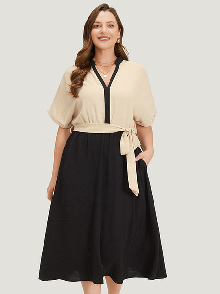 Two-Toned Print Notched Collar Belted Pocketed Batwing Sleeves Dress