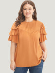 Solid Pleated Keyhole Ruffle Tiered Sleeve Frill Trim Blouse