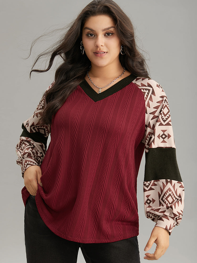 

Plus Size Women Dailywear Bohemian Print Rib Knit Regular Raglan sleeve Long Sleeve V-neck Casual Sweatshirts BloomChic, Burgundy