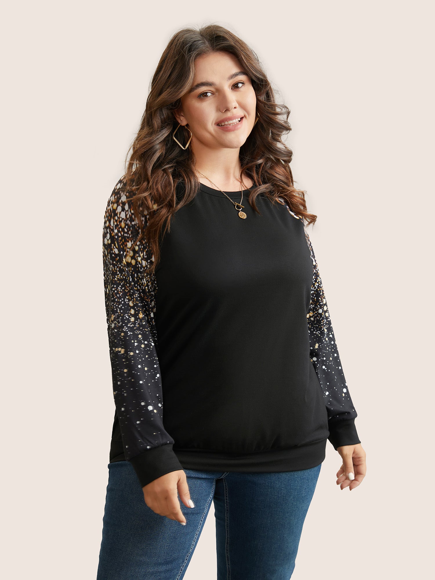 

Plus Size Women Dailywear Ombre Contrast Raglan sleeve Long Sleeve Round Neck Casual T-shirts BloomChic, Black