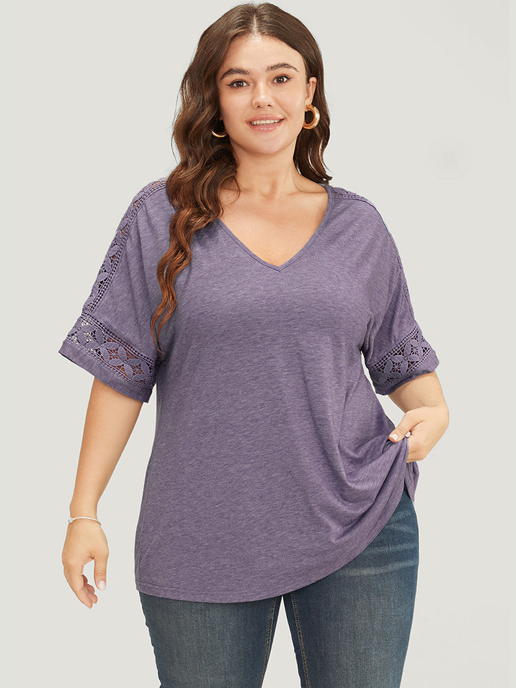 

Plus Size Women Dailywear Plain Patchwork Dolman Sleeve Short Sleeve V Neck Elegance T-shirts BloomChic, Mauve