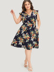 Floral Print Pocketed Cap Sleeves Dress With Ruffles