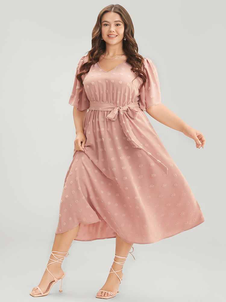 

Plus Size Women Dailywear Polka Dot Belted Ruffle Sleeve Half Sleeve V Neck Pocket Belt Elegance Dresses BloomChic, Dusty pink