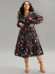 Butterfly Print Shirred Belted Layered Dress